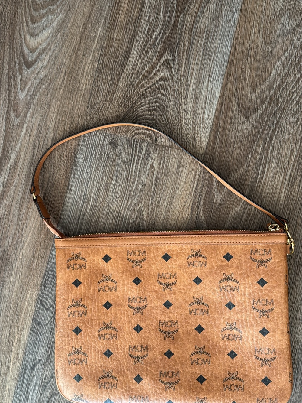 MCM Cognac Logo Print Leather Wristlet Clutch